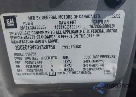 2003 Chevrolet Silverado 1500 Ls из США, поврежденный, VIN 2GCEC19V231328756